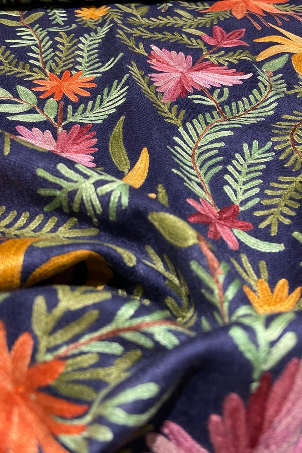 Close-up of floral fabric with colorful flowers on a dark blue background