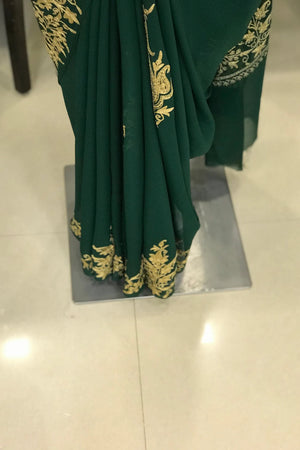 Semi-Georgette Tilla Embroidered Bottle Green Kashmiri Saree