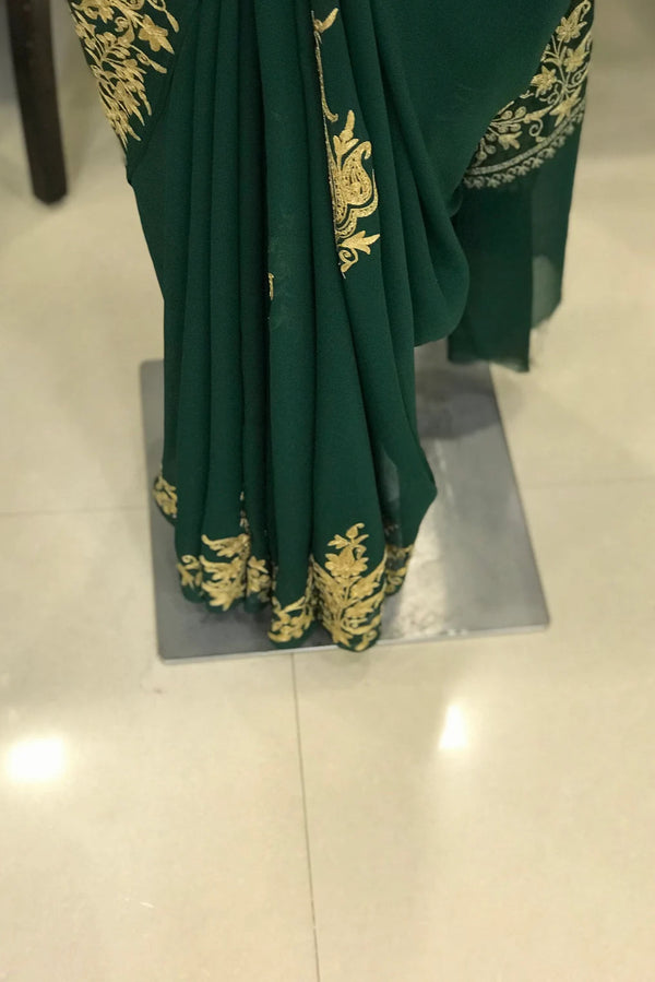 Semi-Georgette Tilla Embroidered Bottle Green Kashmiri Saree