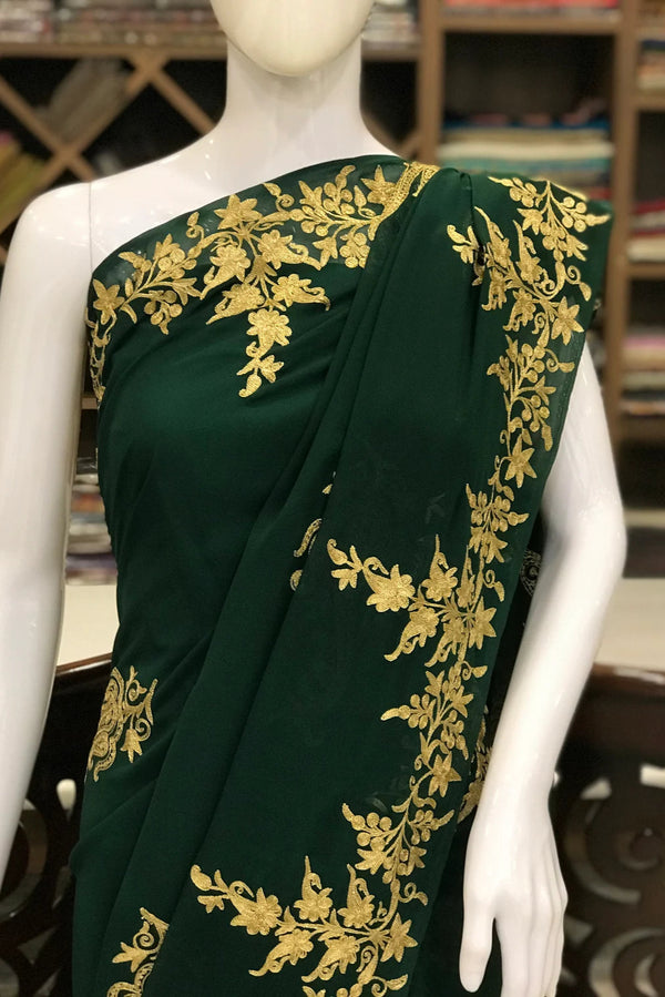 Semi-Georgette Tilla Embroidered Bottle Green Kashmiri Saree
