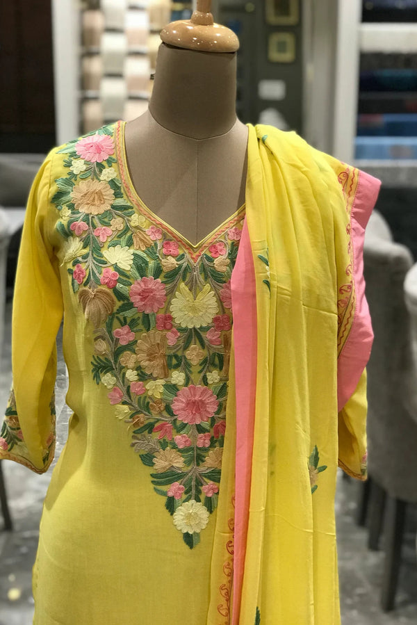 Yellow Suit with Pastel Floral Aari Embroidery