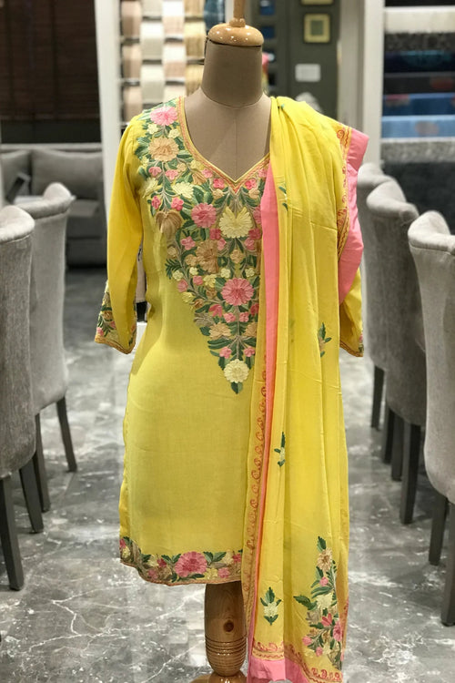 Yellow Suit with Pastel Floral Aari Embroidery