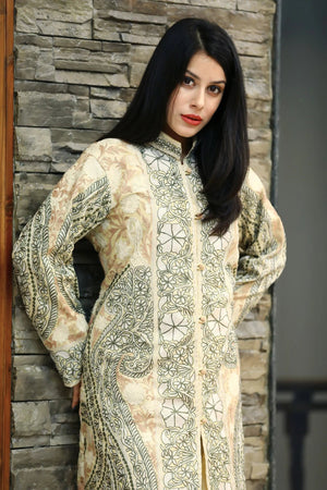 Pale Yellow Pure Wool Kashmiri Jamawar Embroidered Women Coat