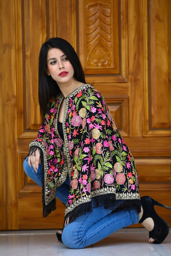 Black Georgette Cape Poncho with Floral Embroidery