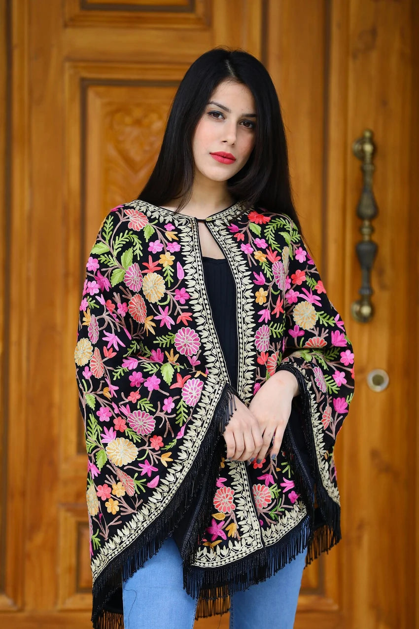 Black Georgette Round Cape Poncho