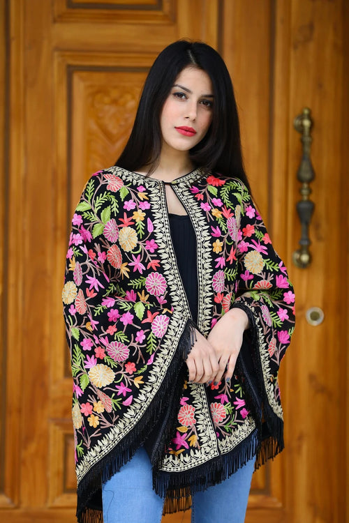 Black Georgette Round Cape Poncho