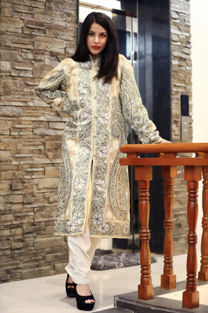 Pale Yellow Pure Wool Kashmiri Jamawar Embroidered Women Coat
