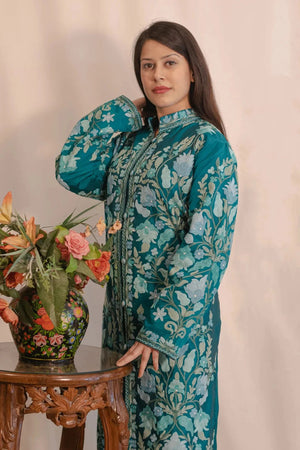 Jade Blue Kashmiri Aari Embroidered Long Coat