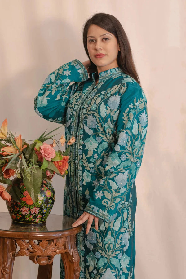 Jade Blue Kashmiri Aari Embroidered Long Coat