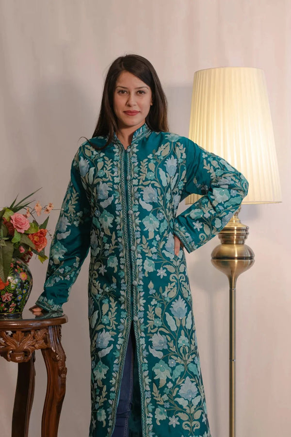 Jade Blue Kashmiri Aari Embroidered Long Coat