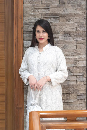 White Kashmiri Aari and Tilla Embroidered Long Coat