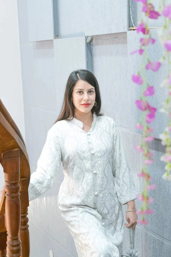 White Kashmiri Aari and Tilla Embroidered Long Coat