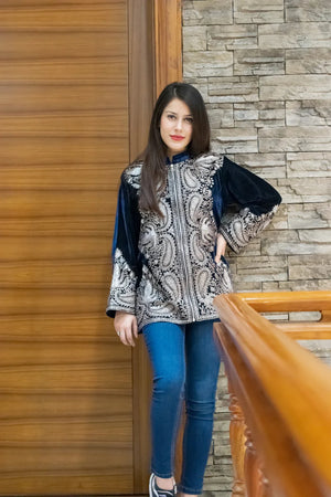 Navy Blue Zipper Jacket with Puff Tilla Machine Embroidery