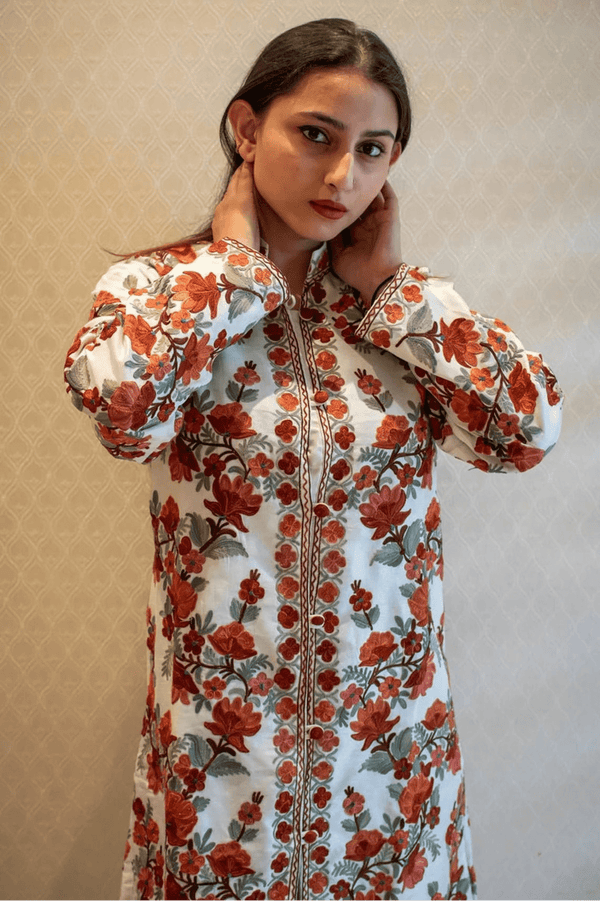 White Kashmiri Long Coat with Floral Pattern Embroidery