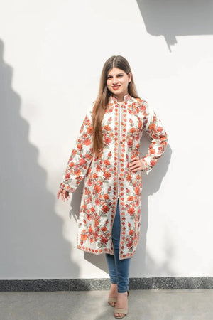 White Kashmiri Long Coat with Floral Pattern Embroidery