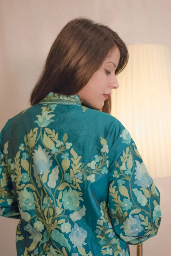 Jade Blue Kashmiri Aari Embroidered Long Coat
