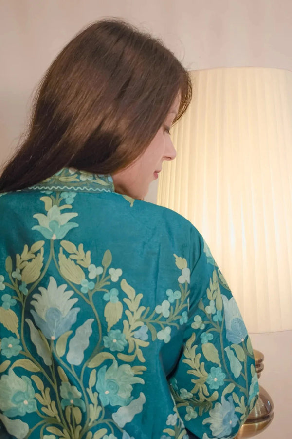 Jade Blue Kashmiri Aari Embroidered Long Coat