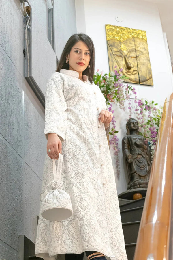 White Kashmiri Aari and Tilla Embroidered Long Coat