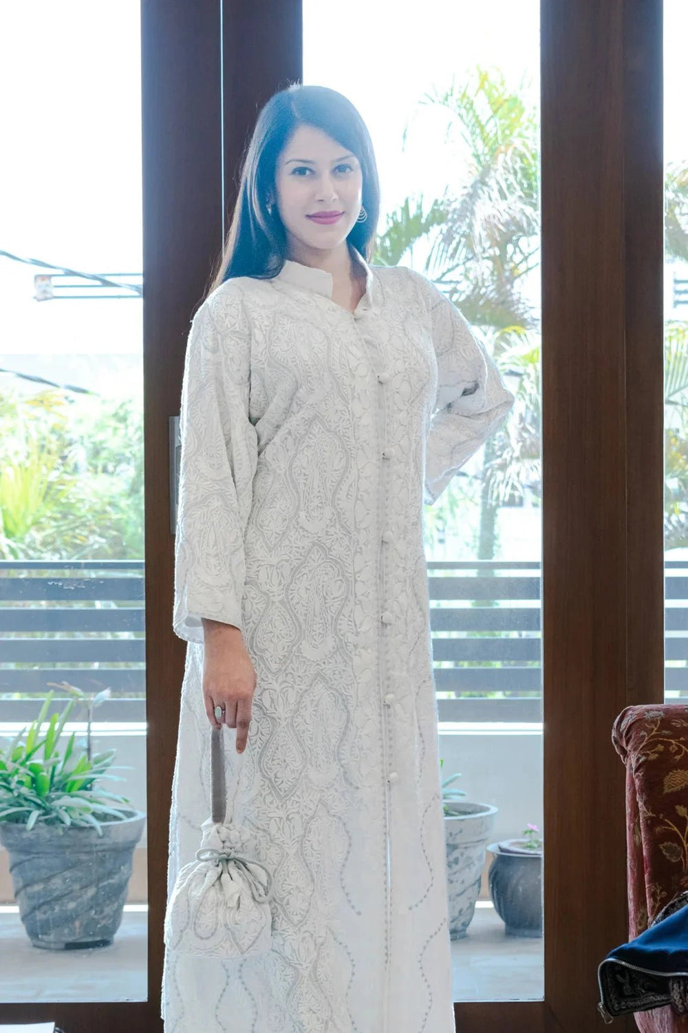 White Kashmiri Aari and Tilla Embroidered Long Coat