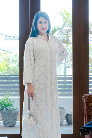 White Kashmiri Aari and Tilla Embroidered Long Coat