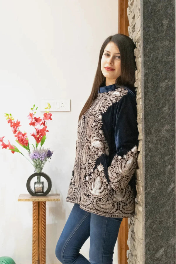 Navy Blue Zipper Jacket with Puff Tilla Machine Embroidery