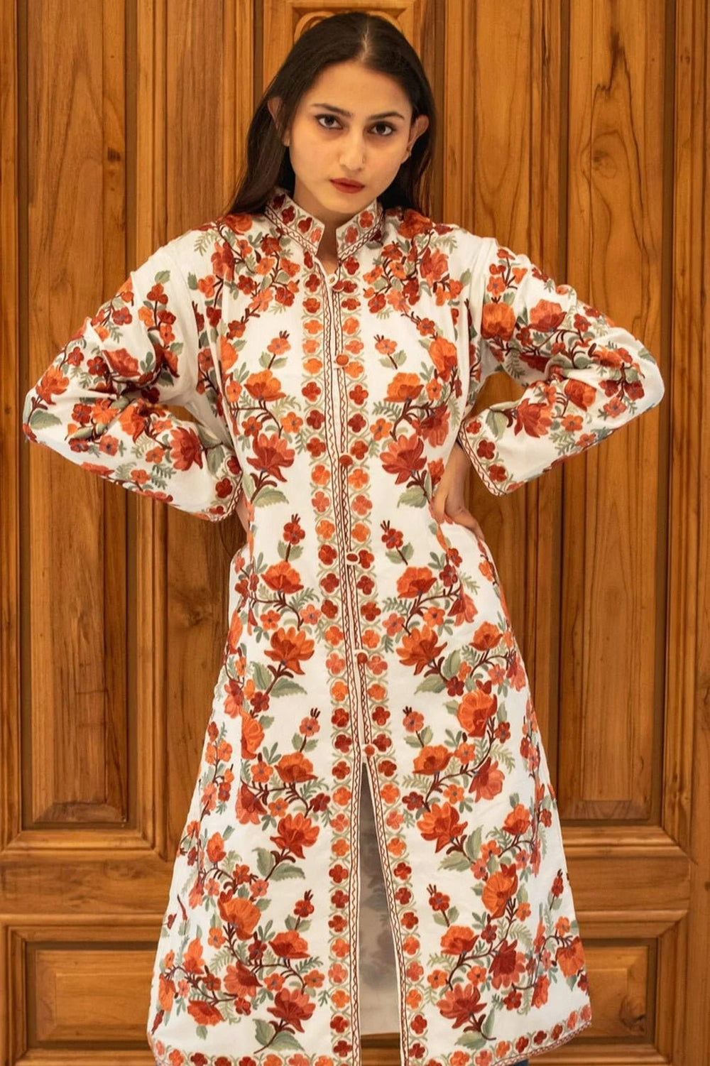 White Kashmiri Long Coat with Floral Pattern Embroidery