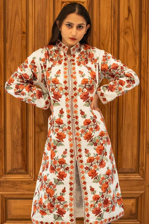 White Kashmiri Long Coat with Floral Pattern Embroidery