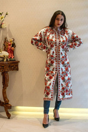White Kashmiri Long Coat with Floral Pattern Embroidery