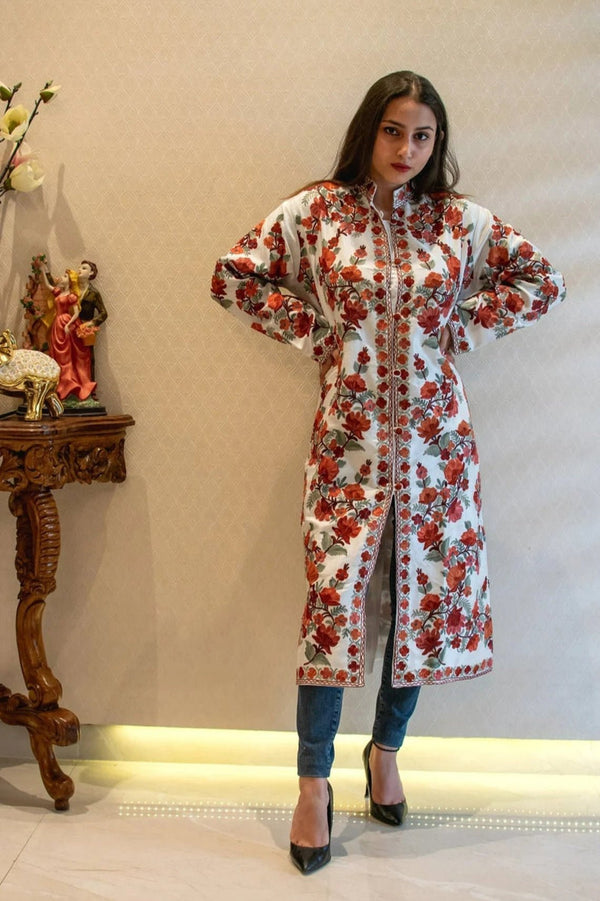 White Kashmiri Long Coat with Floral Pattern Embroidery