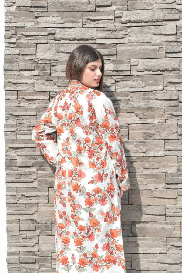 White Kashmiri Long Coat with Floral Pattern Embroidery