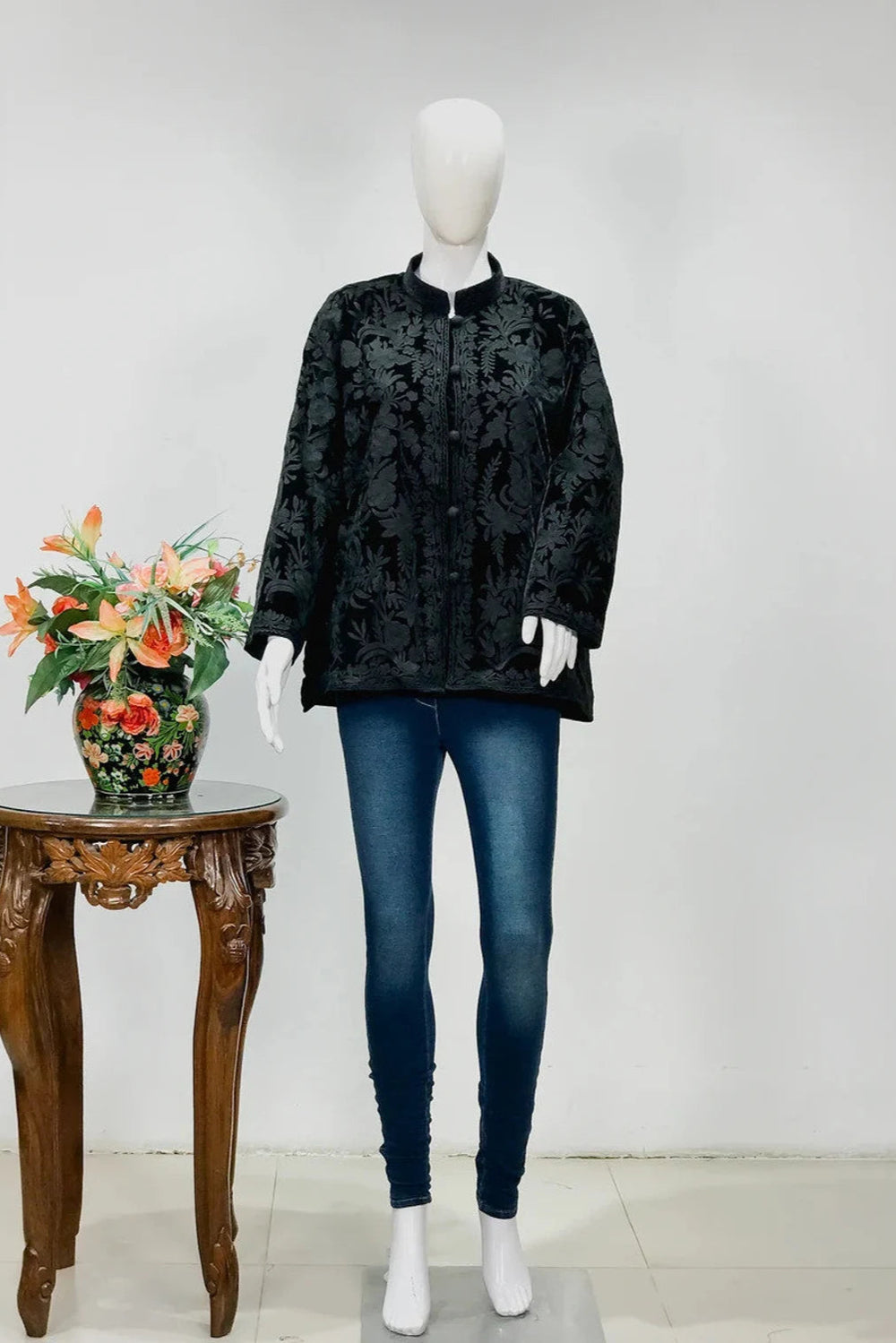 Black Velvet Jacket with Self Floral Embroidery