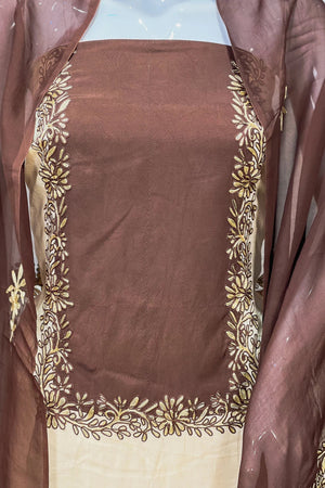 Beige and Brown Kashmiri Salwar Suit with Aari Embroidery