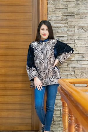 Navy Blue Zipper Jacket with Puff Tilla Machine Embroidery