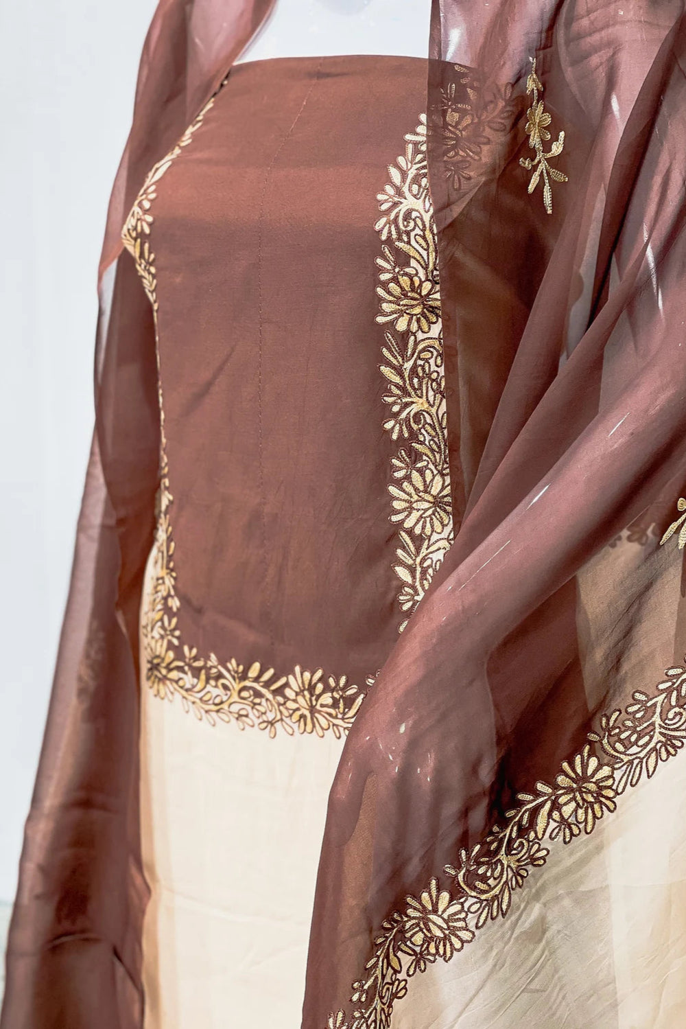 Beige and Brown Kashmiri Salwar Suit with Aari Embroidery