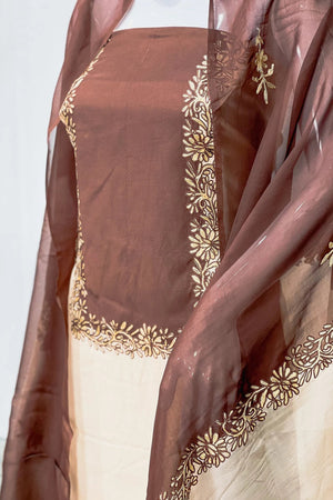 Beige and Brown Kashmiri Salwar Suit with Aari Embroidery