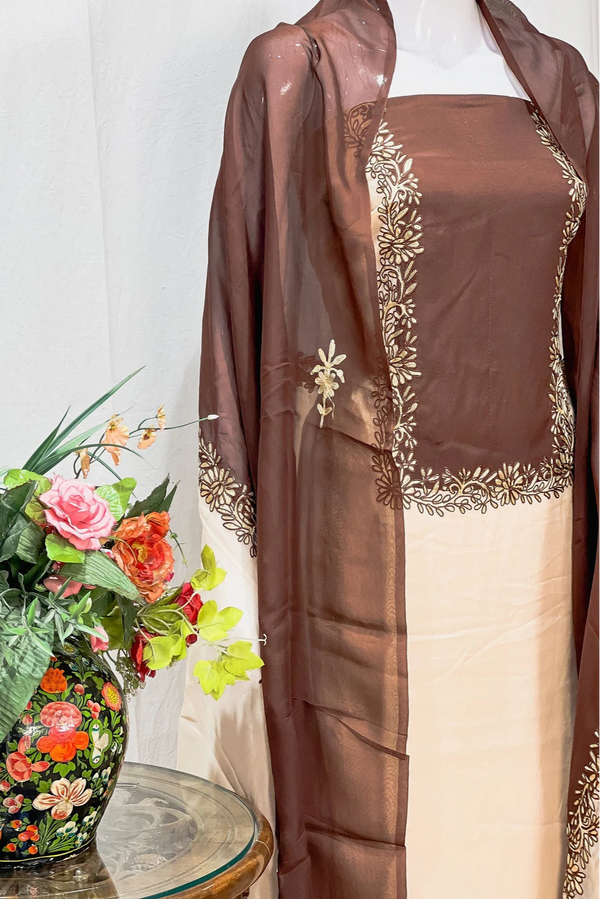 Beige and Brown Kashmiri Salwar Suit with Aari Embroidery