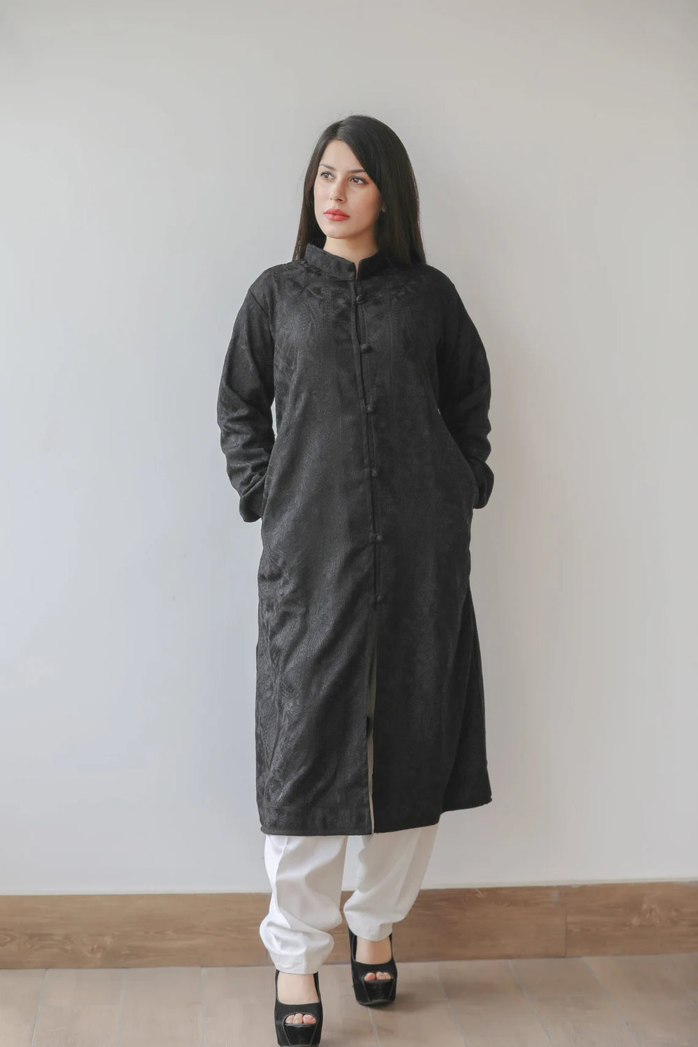 Black Kashmiri Self Jamawar Embroidered Coat