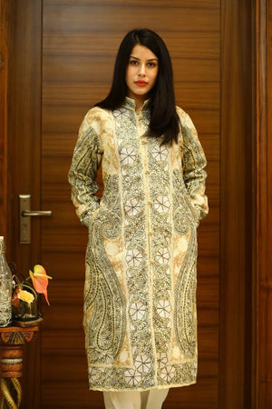 Pale Yellow Pure Wool Kashmiri Jamawar Embroidered Women Coat