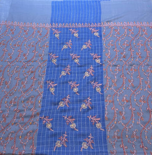 Reverse side or draped corner detail of the sozni hand-embroidered pure pashmina shawl in dual blue