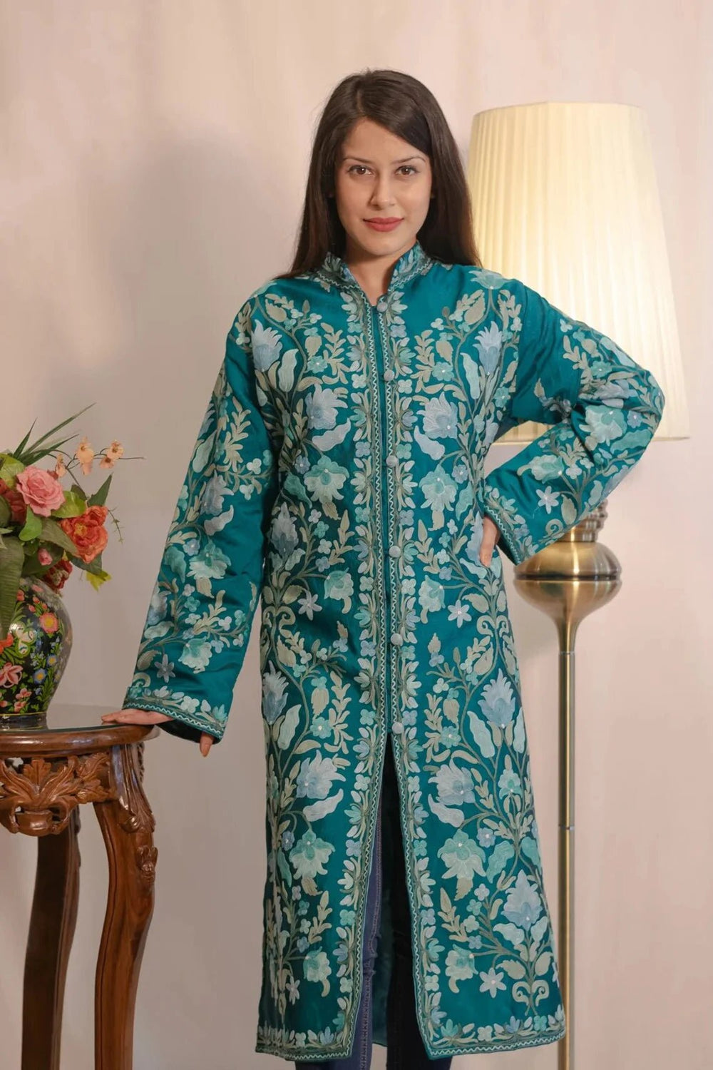 Jade Blue Kashmiri Aari Embroidered Long Coat