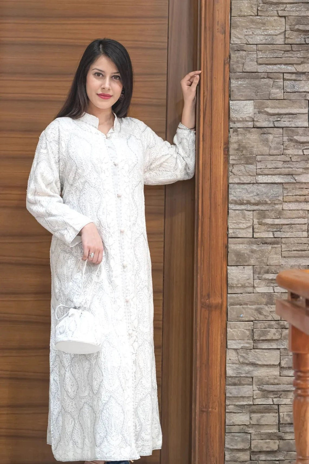 White Kashmiri Aari and Tilla Embroidered Long Coat