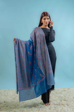 Dual blue pure pashmina shawl with sozni hand-embroidered jaal covering the full surface, draped to show overall pattern