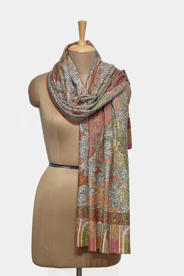 Multi-Color Hand Kalamkari  Embroidery Pure Pashmina Shawl