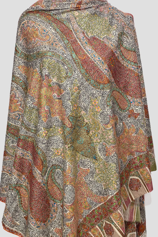 Multi-Color Hand Kalamkari  Embroidery Pure Pashmina Shawl