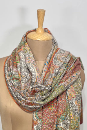 Multi-Color Hand Kalamkari  Embroidery Pure Pashmina Shawl