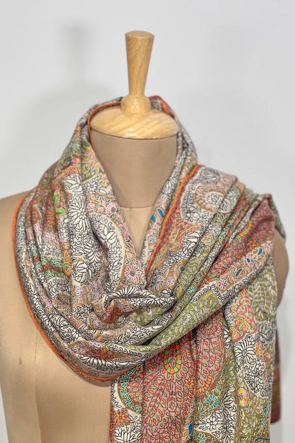 Multi-Color Hand Kalamkari  Embroidery Pure Pashmina Shawl