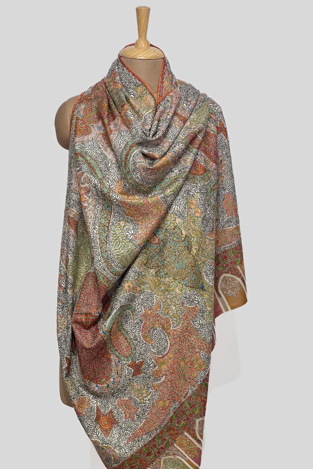 Multi-Color Hand Kalamkari  Embroidery Pure Pashmina Shawl