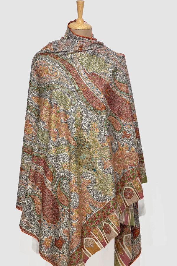 Multi-Color Hand Kalamkari  Embroidery Pure Pashmina Shawl