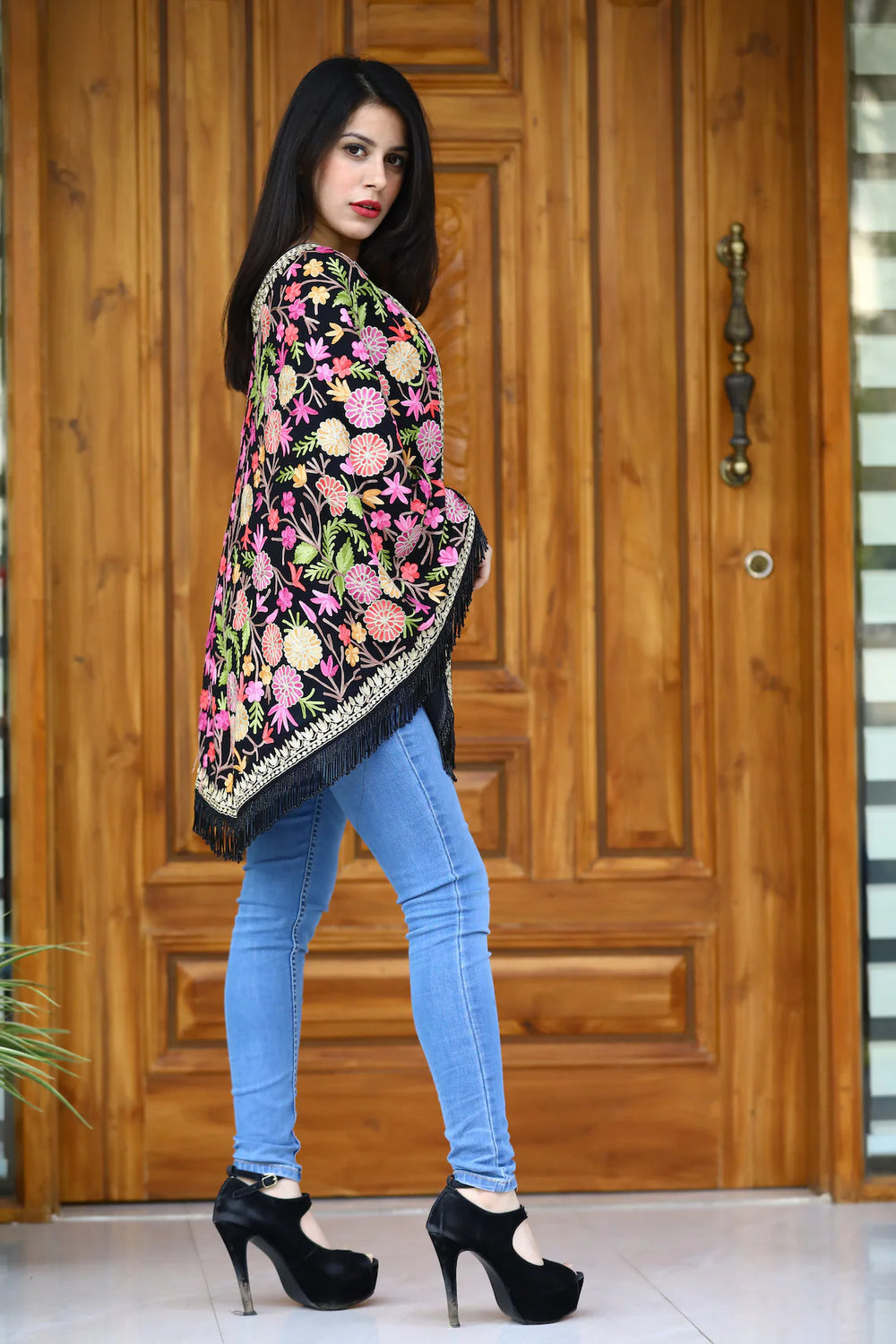 Black Georgette Round Cape Poncho
