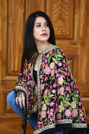 Black Georgette Cape Poncho with Floral Embroidery